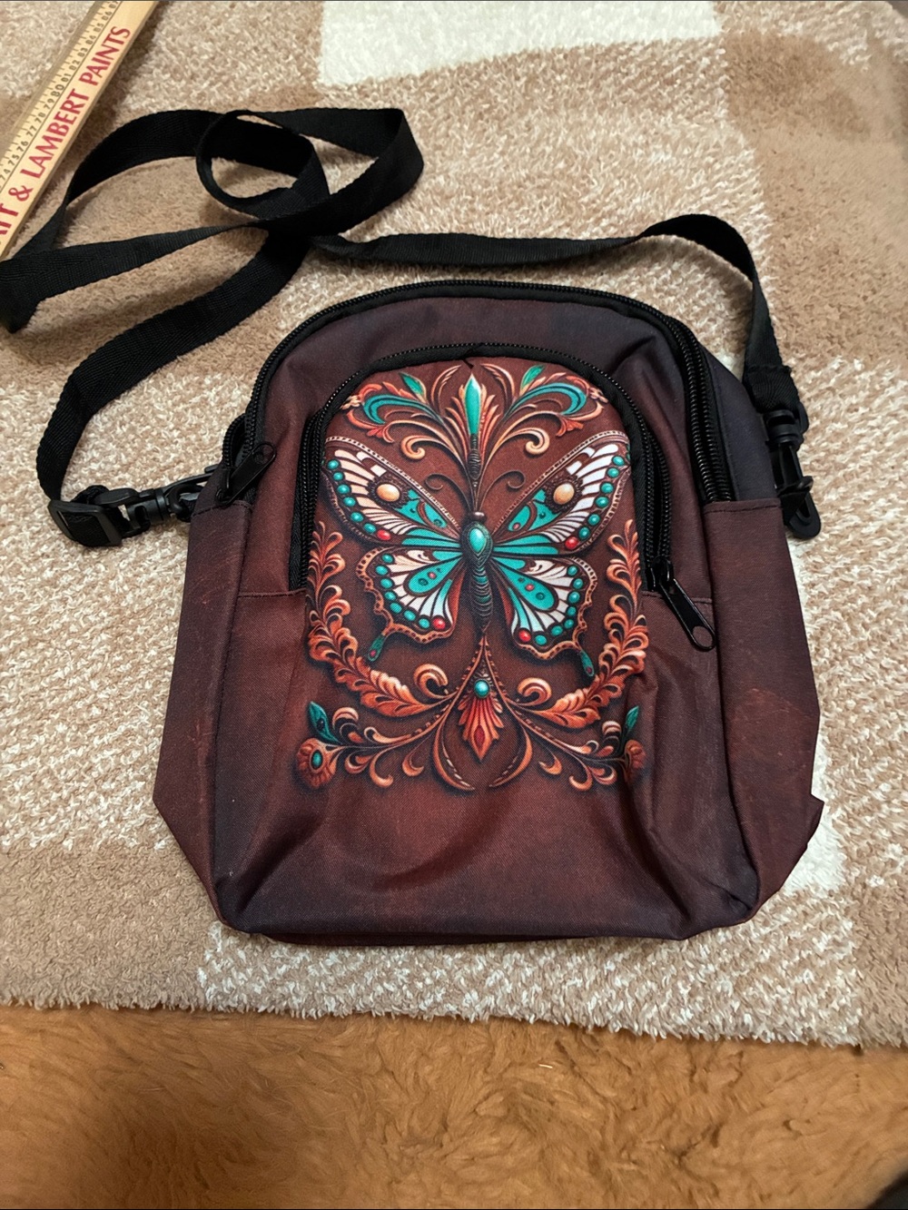 Brown Crossbody Bag with Teal Butterfly Accent